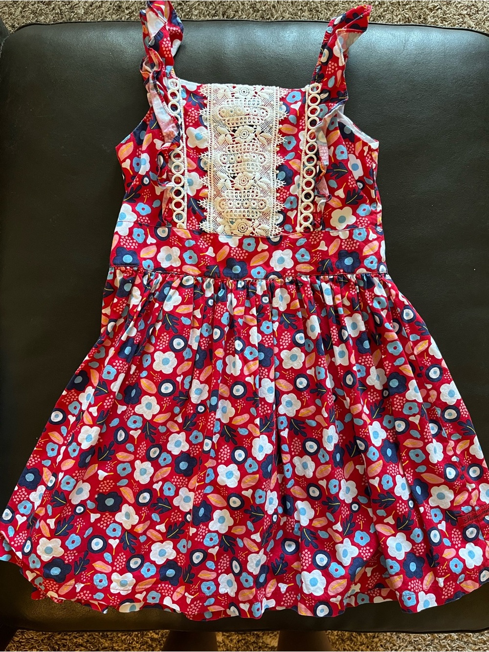 Girls' Red Floral Sundress with Lace Panel